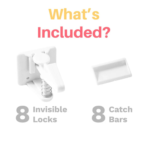 What's included in Baby Proof Cabinet Locks With 3M Adhesive Easy Install No Tools Needed No Drilling Universal Fit 8 Pack
