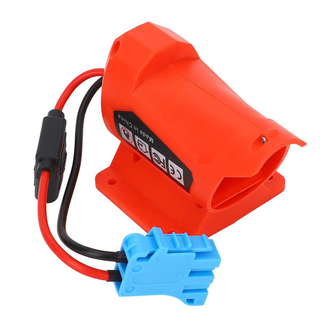 Red 18V Battery Adapter Wheel Conversion Kit With 12AWG Wire 40A For Peg Perego Riding Toys RC Cars and Robotics, wall-mount ready.