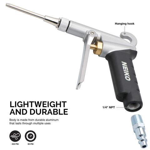 High Flow Air Blow Gun With Three Piece Pneumatic Nozzle Kit For Dust Debris And Wet Spills, Pro Grade Shop Essential shown with fittings