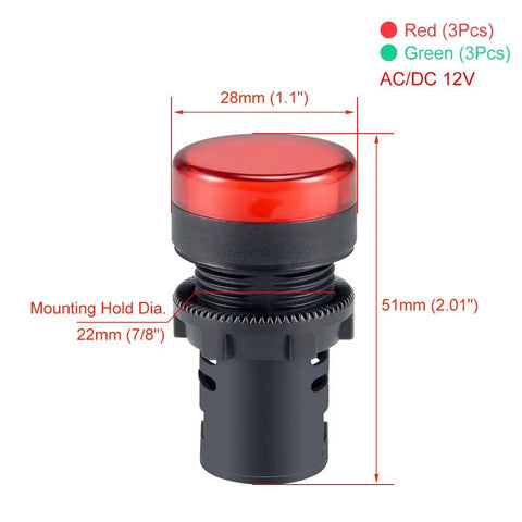 Six Pack Red Green Indicator Lights For AC DC 12V, 22mm Panel Mount, close-up of red light, screw clamp connection
