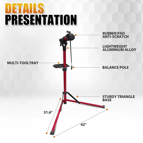 Heavy Duty Bike Repair Stand With 360 Degree Clamp Portable Aluminum Work Stand Supports Up To 110 Lbs Tool Tray For Easy Maintenance Fits Mountain And Road Bikes And Electric Bikes Red