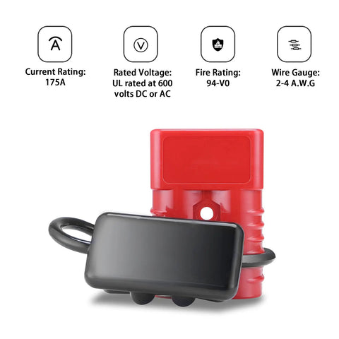 2-4 Gauge 175A Battery Cable Quick Connect Disconnect Plugs Fast Snap On Power Connectors Polycarbonate Housing With Rubber Boots 12-36V For Winches Trailers Tour Buses Electric Forklifts, red and black