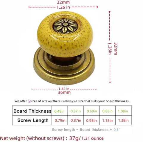 Super Cool Yellow Leopard Ceramic Cabinet Knobs 5 Pack Groovy Petal Cupboard Pulls With Rustic Zinc Backplate Smart Diy Install For Kitchen Drawers Wardrobe Door Decor Vibe close-up showing yellow leopard design with zinc backplate and measurements.