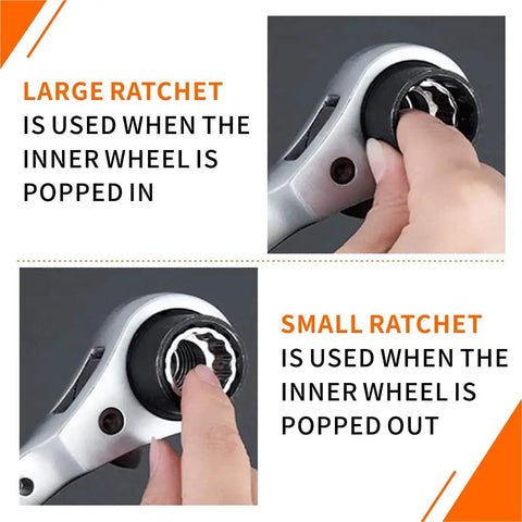 Close-up of 8 In 1 Ratcheting Wrench Set With Double Box End shows large and small ratchet usage for stubborn bolts, chrome plated tool