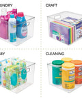 Small Modern Plastic Storage Organizer Bin with easy grab handles, see through clear finish, holding various household items.