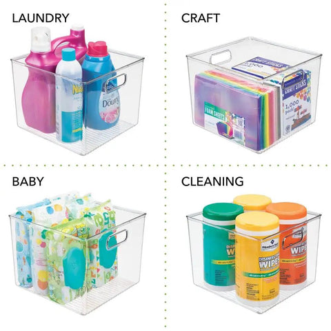 Small Modern Plastic Storage Organizer Bin with easy grab handles, see through clear finish, holding various household items.
