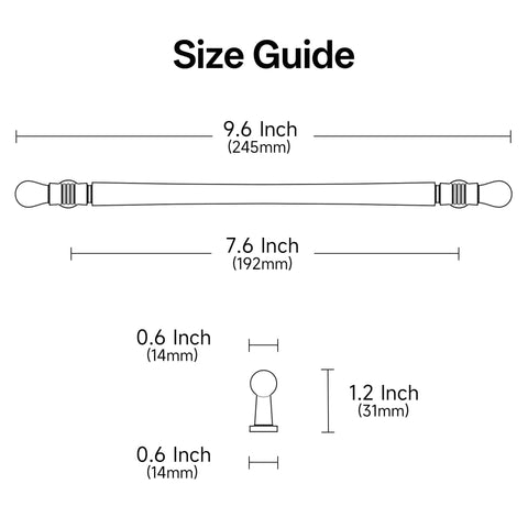 Size guide for 10 Pack Weathered Nickel Cabinet Pulls 7.5 Inch Overall Length With 192 Millimeter Center To Center Hole For Cabinets Drawers Closets And Furniture AL3089.