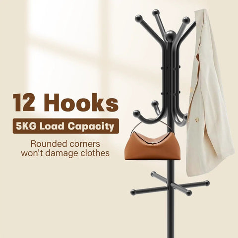 Dope Freestanding Coat Rack With 12 Hooks And Umbrella Holder shown with coat and bag, metal coat tree for entryway or living room.