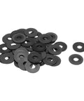 Nylon Flat Washers M10 10mm Inner 30mm Outer 2mm Thick 40 Piece Pack Black Plastic Gaskets for Fasteners and Spacers, DIY Friendly Handy Hardware Washers for Do It Yourself Projects, Durable and Versatile, black nylon washers shown stacked
