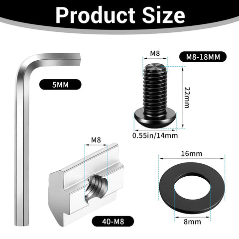 Product size details of 24 Set Black 4040 Aluminum Extrusion Profile Connector Kit with hex key, screw, nut, and washer dimensions.