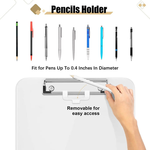Hand inserting pen into white plastic clipboard with pen holder and low profile clip 12.5 by 9 inch writing surface A4 and 8.5 by 11 inch letter size durable polypropylene clipboard for nurses students office and on the go