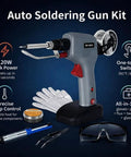 120W Soldering Gun Kit With 110V Power Six Level Adjustable Temperature From 392 To 842 Fahrenheit One Hand Tin Feeding Design Perfect For DIY Electronics And PCB Repair And Wiring Includes Gloves And Goggles For Safe Soldering displayed with accessories.