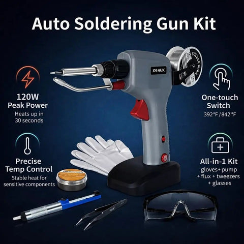 120W Soldering Gun Kit With 110V Power Six Level Adjustable Temperature From 392 To 842 Fahrenheit One Hand Tin Feeding Design Perfect For DIY Electronics And PCB Repair And Wiring Includes Gloves And Goggles For Safe Soldering displayed with accessories.