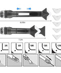 Three In One Caulking Tool With Stainless Steel Head For Pro Grade Glass Glue Scraping And Sealant Removal shown with size and radius options.