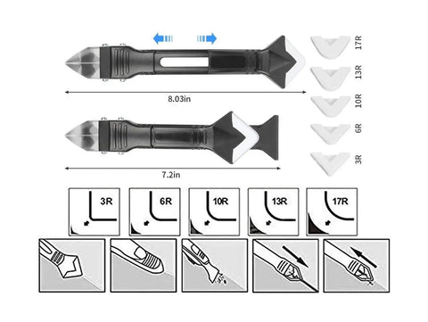 Three In One Caulking Tool With Stainless Steel Head For Pro Grade Glass Glue Scraping And Sealant Removal shown with size and radius options.