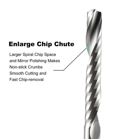Carbide end mill router bit with spiral up-cut flutes, side view