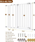 Wide Auto Close Baby And Pet Gate, Adjustable From 29 To 39.6 Inches, 30 Inch Tall, white gate with extensions and mounting parts