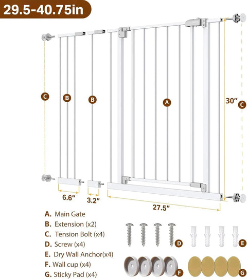 Wide Auto Close Baby And Pet Gate, Adjustable From 29 To 39.6 Inches, 30 Inch Tall, white gate with extensions and mounting parts