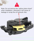 Close-up of HB-100 Hydraulic Disc Brake Caliper Kit with yellow piston block warning for smooth modulation and stopping power