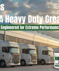 Lucas X-TRA Heavy Duty Grease bottle and tub with trucks, advertised for extreme performance, waterproof and heat resistant.