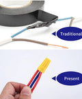Comparison of traditional tape method with 102 Pcs Wire Nut Connectors Kit With Colorful Caps and spring-loaded twist nuts for wiring.
