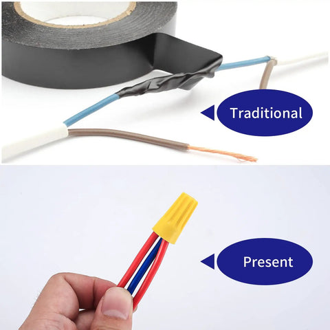 Comparison of traditional tape method with 102 Pcs Wire Nut Connectors Kit With Colorful Caps and spring-loaded twist nuts for wiring.