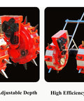 Close-up of Two Row Hand Push Seeder For Garden Use, showing adjustable depth mechanism and red dual seeding plates.