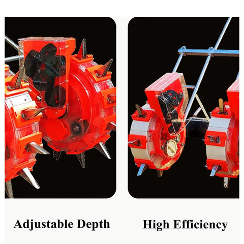 Close-up of Two Row Hand Push Seeder For Garden Use, showing adjustable depth mechanism and red dual seeding plates.