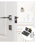 12 Piece Door Ball Catch Latch Kit Featuring Solid Copper And Stainless Steel Construction For Hidden Cabinet Toilet Bathroom Cupboard Lock Hardware With Adjustable Elastic Clamp Mechanism You Know It Fits Like A Charm installed on a white cabinet door.