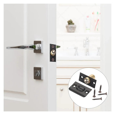 12 Piece Door Ball Catch Latch Kit Featuring Solid Copper And Stainless Steel Construction For Hidden Cabinet Toilet Bathroom Cupboard Lock Hardware With Adjustable Elastic Clamp Mechanism You Know It Fits Like A Charm installed on a white cabinet door.
