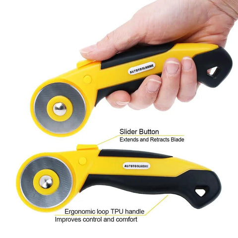 45Mm Rotary Cutter Kit With 9 Extra Blades For Fabric Quilting And Crafting, Including Five Straight Blades, Two Pinking Blades, And Two Skip Blades, Safety Sliding Button For Easy Blade Exposure in hand showing slider button.