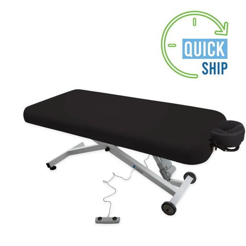 EarthLite Ellora Electric Lift Massage Table With Flat Top And Black Finish, featuring electric height adjustment and smooth wheels.