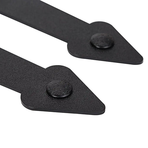 Close-up of black faux hinges from Decorative Magnetic Garage Door Hardware Kit With Faux Hinges And Classic Handles In Black Finish