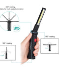 Rechargeable LED Work Light With Magnetic Base And Hanging Hook 360 Degree Rotation For Gearheads In The Garage Car Repair Home And Camping Two Pack Type C Charging 6 Hour Battery Life in hand showing 360 degree and 180 degree rotation features.