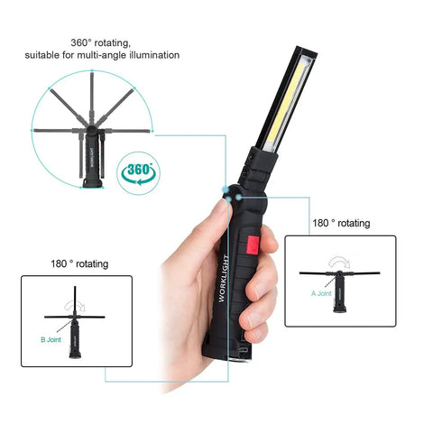 Rechargeable LED Work Light With Magnetic Base And Hanging Hook 360 Degree Rotation For Gearheads In The Garage Car Repair Home And Camping Two Pack Type C Charging 6 Hour Battery Life in hand showing 360 degree and 180 degree rotation features.