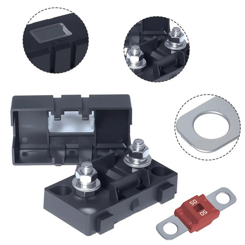 Complete Kit 2 Pair 50 Amp Bolt On Fuse Holders With Included MIDI Blades in black, showing terminals and fuse.