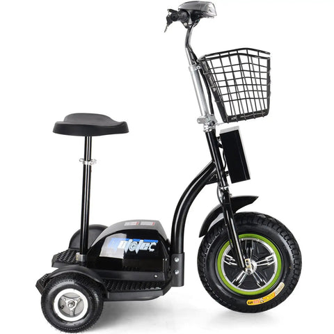 Electric Trike 48V 500W Personal Transporter Three Wheel Sit Or Stand Scooter For Events Security And Warehouse Use Built For Dope Fun With Easy Handling Smooth Acceleration And Stable Ride, side view with basket and seat
