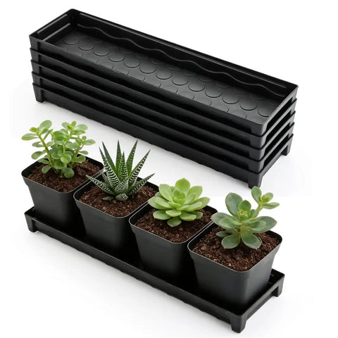 Five Pack Plastic Window Sill Plant Saucers With Removable Drain Hole Rectangular 16 By 5.5 By 1.5 Inches Thick Black Trays