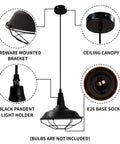 Black Pendant Light Set 3 Pack, Industrial Farmhouse Pendant Lighting showing components: bracket, canopy, holder, E26 socket.