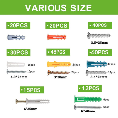 Drywall Anchor Kit With Screws 144 Piece Color Coded Wall Anchors And Self Tapping Screws Six Sizes Plastic Wall Plugs