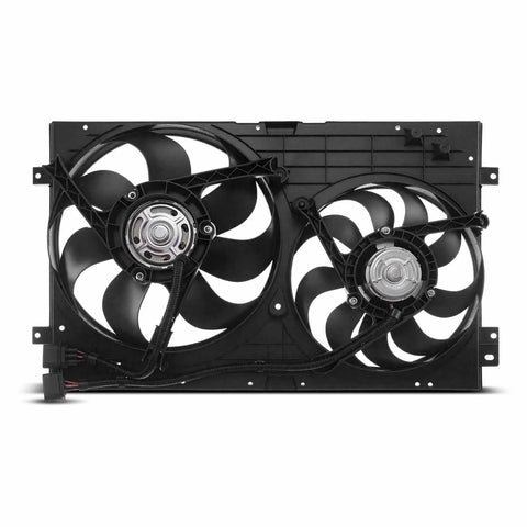 Heavy Duty Engine Radiator Cooling Fan Assembly With Electric Motor Direct Swap For Audi And Volkswagen showing dual blade motor design.