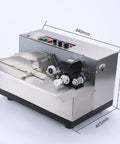 Stainless Steel Automatic Ink Wheel Coding Machine For Batch Numbers And Dates Wide Application On Labels Solid Dry Ink Printer For Industrial Use High Durability Anti Corrosion Heating System, side view with dimensions.