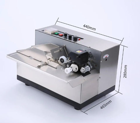 Stainless Steel Automatic Ink Wheel Coding Machine For Batch Numbers And Dates Wide Application On Labels Solid Dry Ink Printer For Industrial Use High Durability Anti Corrosion Heating System, side view with dimensions.
