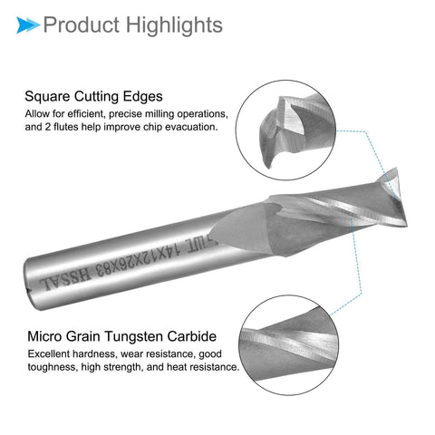 CoCud square nose end mill, 14 mm dia, 26 mm cutting length, 12 mm shank, 2 flutes, HSS-AL for aluminum, copper, plastic.