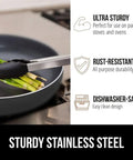 Heavy Duty Stainless Steel Kitchen Tongs Set Of 2 With Heat Resistant Silicone Tips shown gripping asparagus in pan