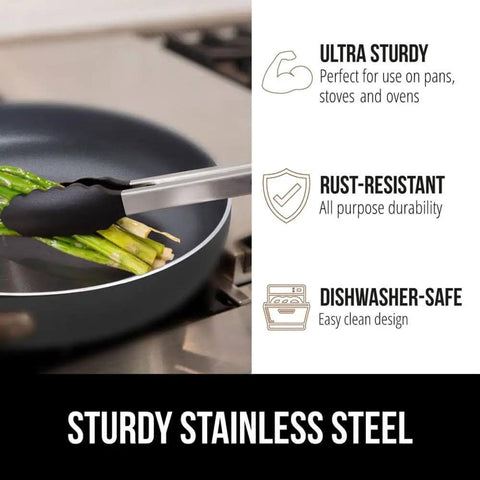 Heavy Duty Stainless Steel Kitchen Tongs Set Of 2 With Heat Resistant Silicone Tips shown gripping asparagus in pan
