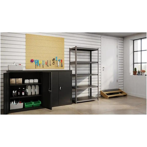 Bulletproof 3200 Lb Riveted Metal Shelving Unit 72 X 36 X 18 Inches Heavy Duty Steel Frame With Black Laminate Shelves Gunmetal Gray Finish Built Like A Tank For Garage Storage