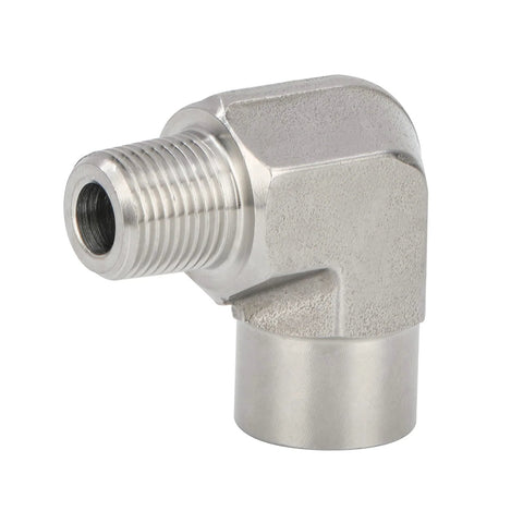 Stainless steel 90° street elbow, 1/4 NPT female x 1/4 NPT male, forged 304 SS