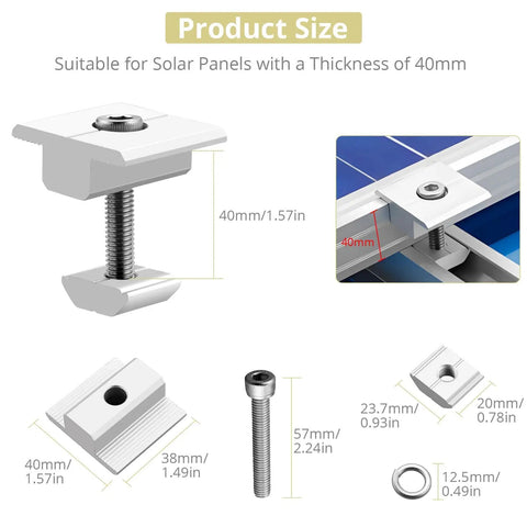 Heavy Duty Solar Panel Center Clamps Knockout Grip For 40mm Photovoltaic Rails Pre Drilled Dead Simple Install On Metal Tin Or Sheet Roofs With M8 Screws And Mounting Hardware 10 Pack size dimensions diagram with aluminum alloy material.