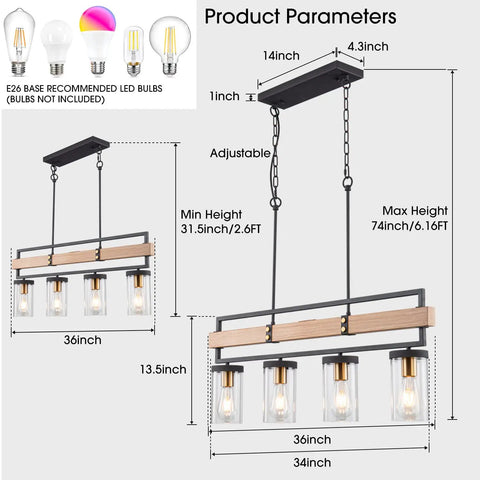 Dimensions of 4 Light Farmhouse Kitchen Island Pendant Light With Black Metal And Wood Finish, 36 Inch Linear Chandelier.